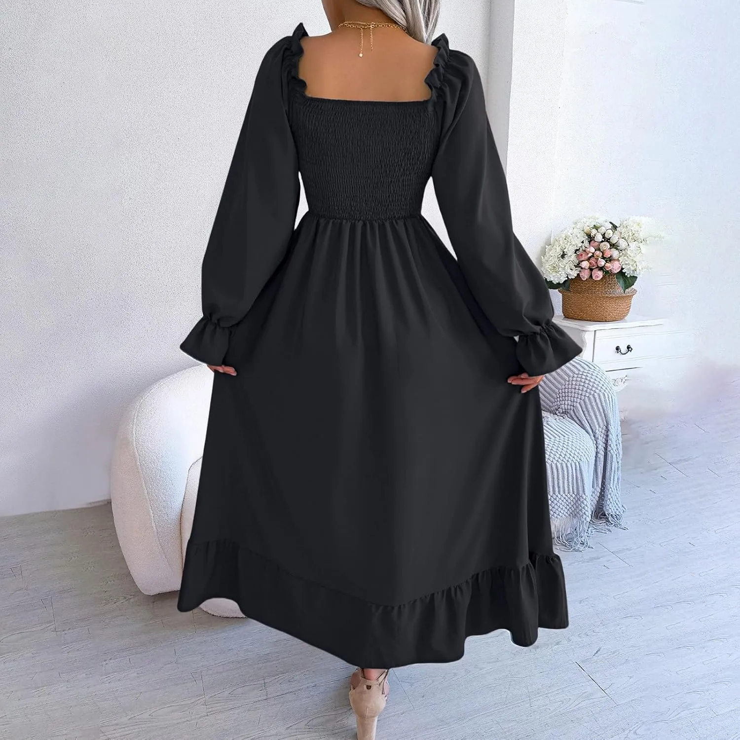 Women's 2025 Casual Long Sleeve Smocked Dress V Neck High Waist Ruffle Tiered Midi Dresses Women's