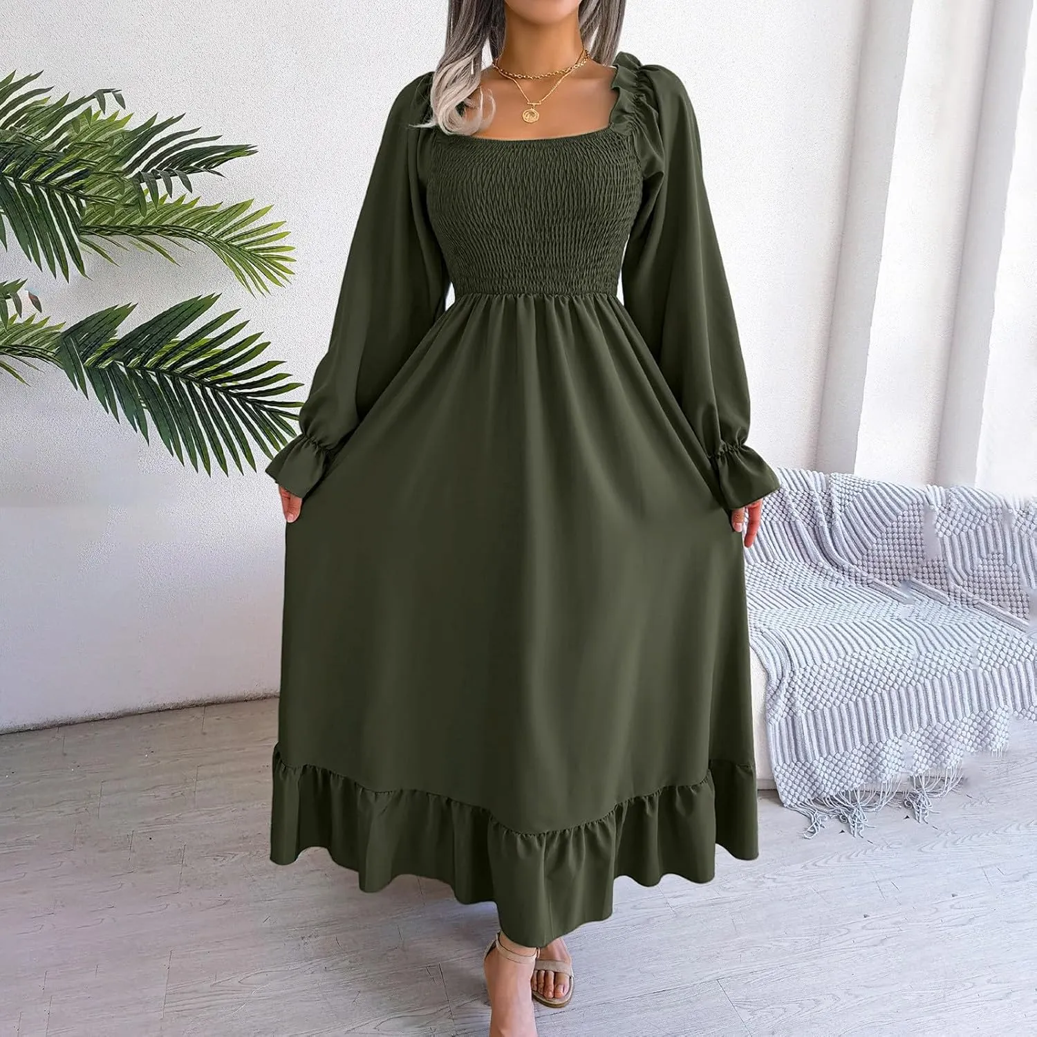 Women's 2025 Casual Long Sleeve Smocked Dress V Neck High Waist Ruffle Tiered Midi Dresses Women's