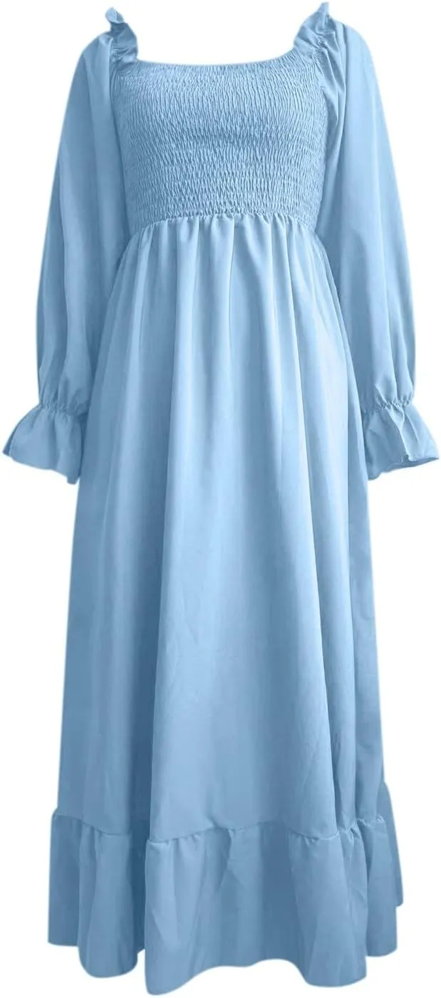 Women's 2025 Casual Long Sleeve Smocked Dress V Neck High Waist Ruffle Tiered Midi Dresses Women's