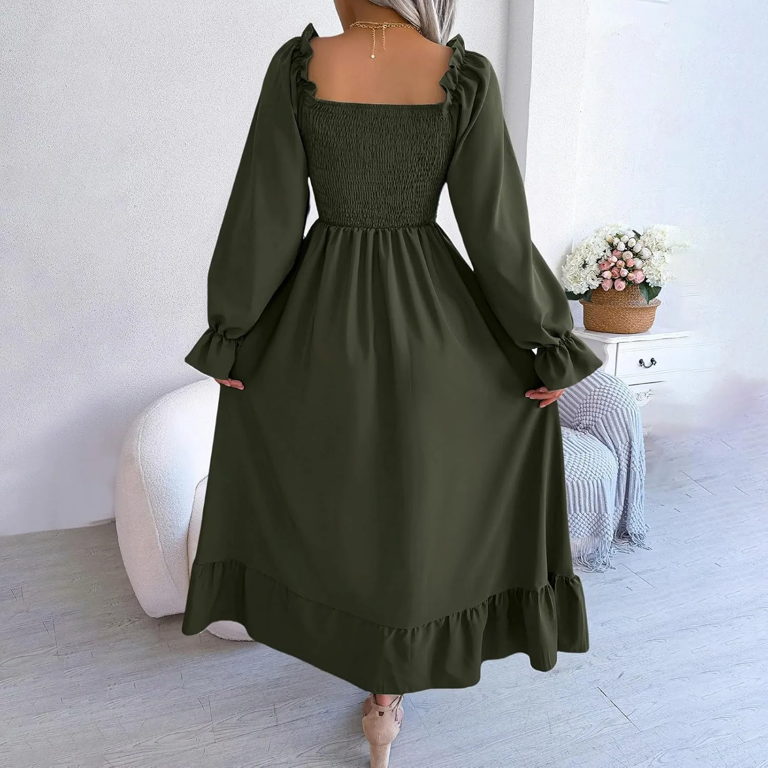 Women's 2025 Casual Long Sleeve Smocked Dress V Neck High Waist Ruffle Tiered Midi Dresses Women's