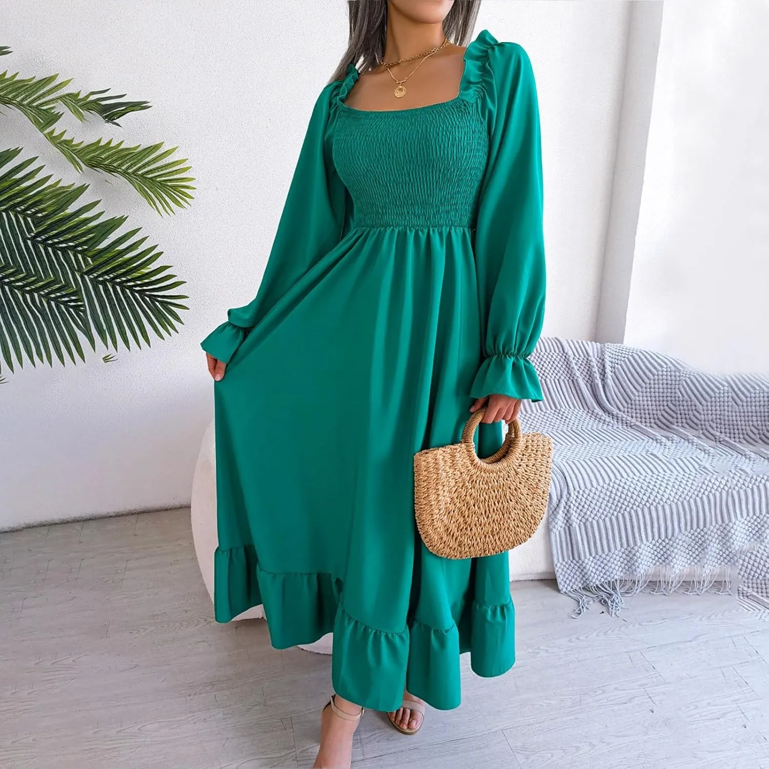 Women's 2025 Casual Long Sleeve Smocked Dress V Neck High Waist Ruffle Tiered Midi Dresses Women's