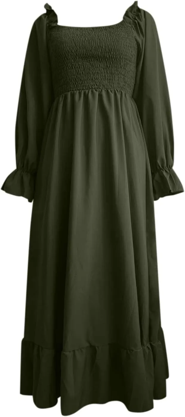 Women's 2025 Casual Long Sleeve Smocked Dress V Neck High Waist Ruffle Tiered Midi Dresses Women's