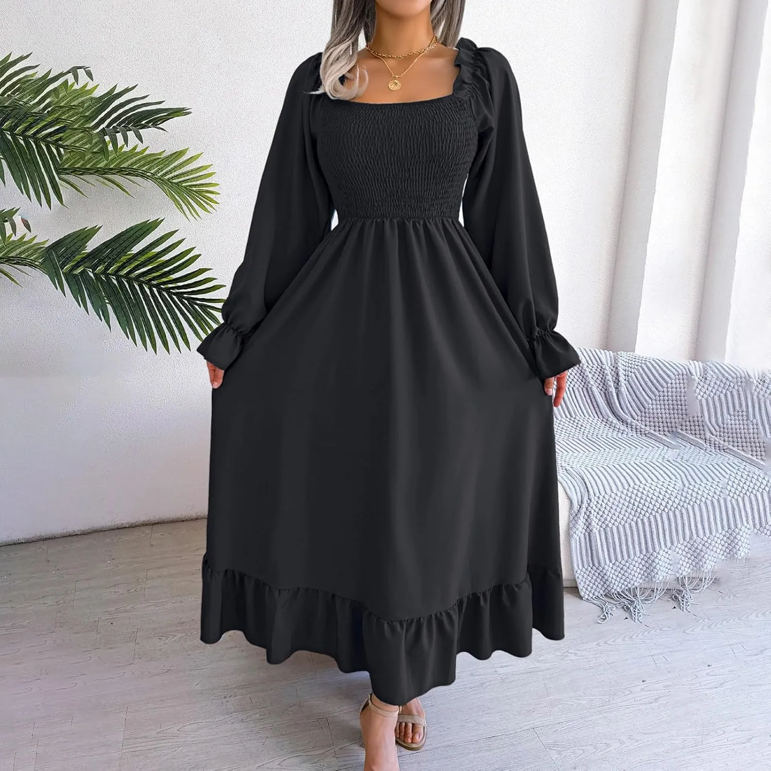 Women's 2025 Casual Long Sleeve Smocked Dress V Neck High Waist Ruffle Tiered Midi Dresses Women's