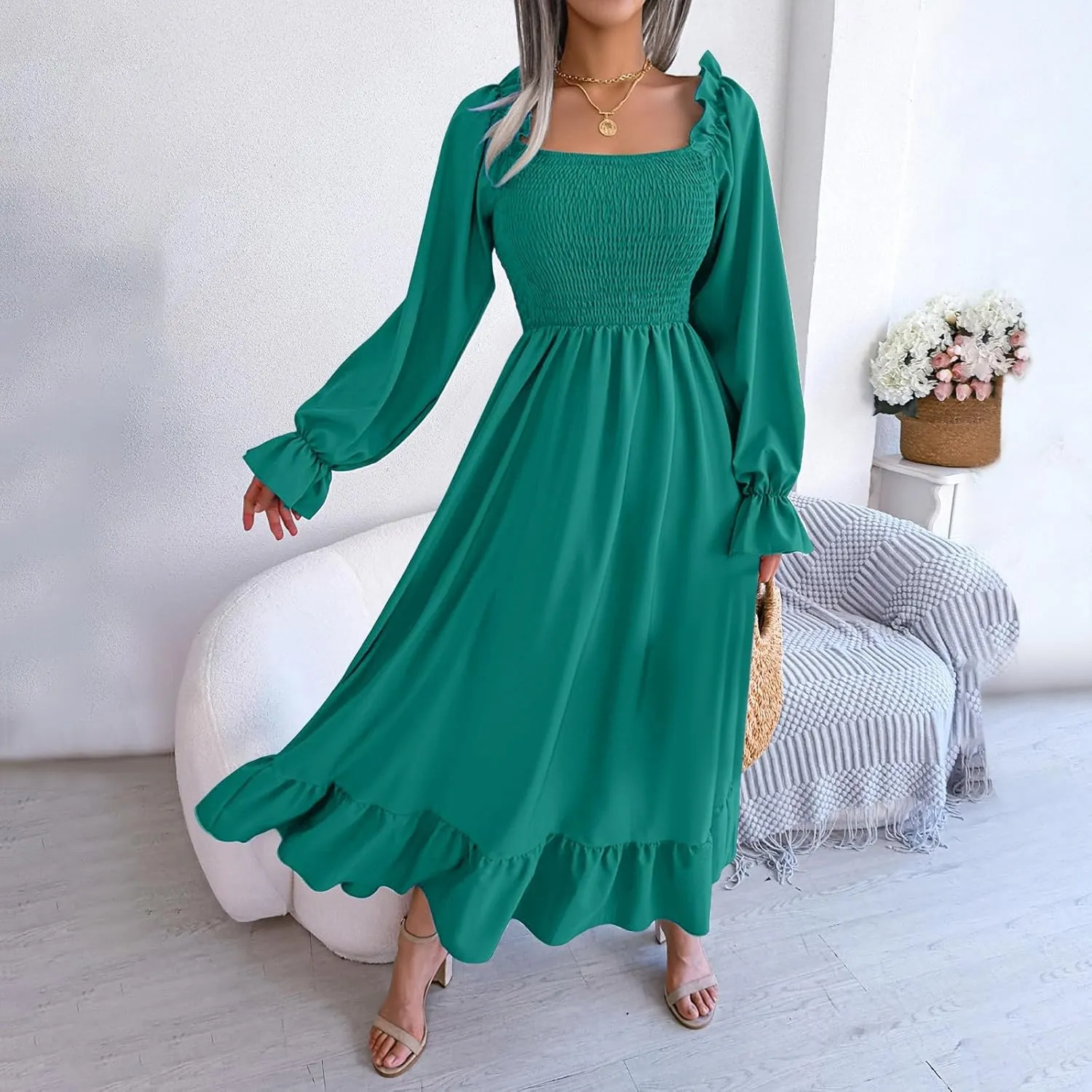 Women's 2025 Casual Long Sleeve Smocked Dress V Neck High Waist Ruffle Tiered Midi Dresses Women's