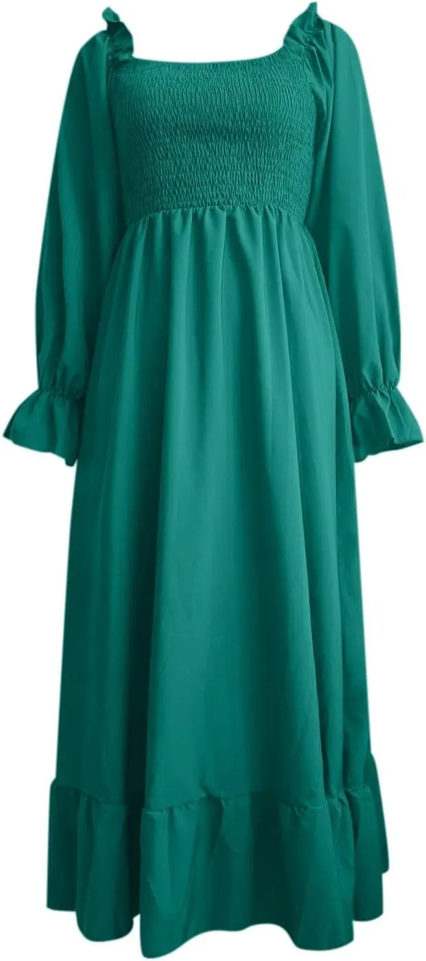 Women's 2025 Casual Long Sleeve Smocked Dress V Neck High Waist Ruffle Tiered Midi Dresses Women's