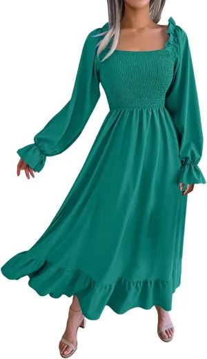 Women's 2025 Casual Long Sleeve Smocked Dress V Neck High Waist Ruffle Tiered Midi Dresses Women's