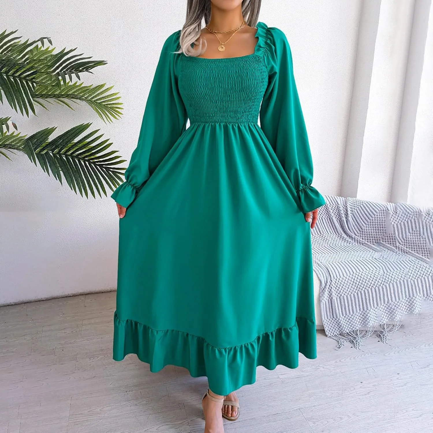 Women's 2025 Casual Long Sleeve Smocked Dress V Neck High Waist Ruffle Tiered Midi Dresses Women's