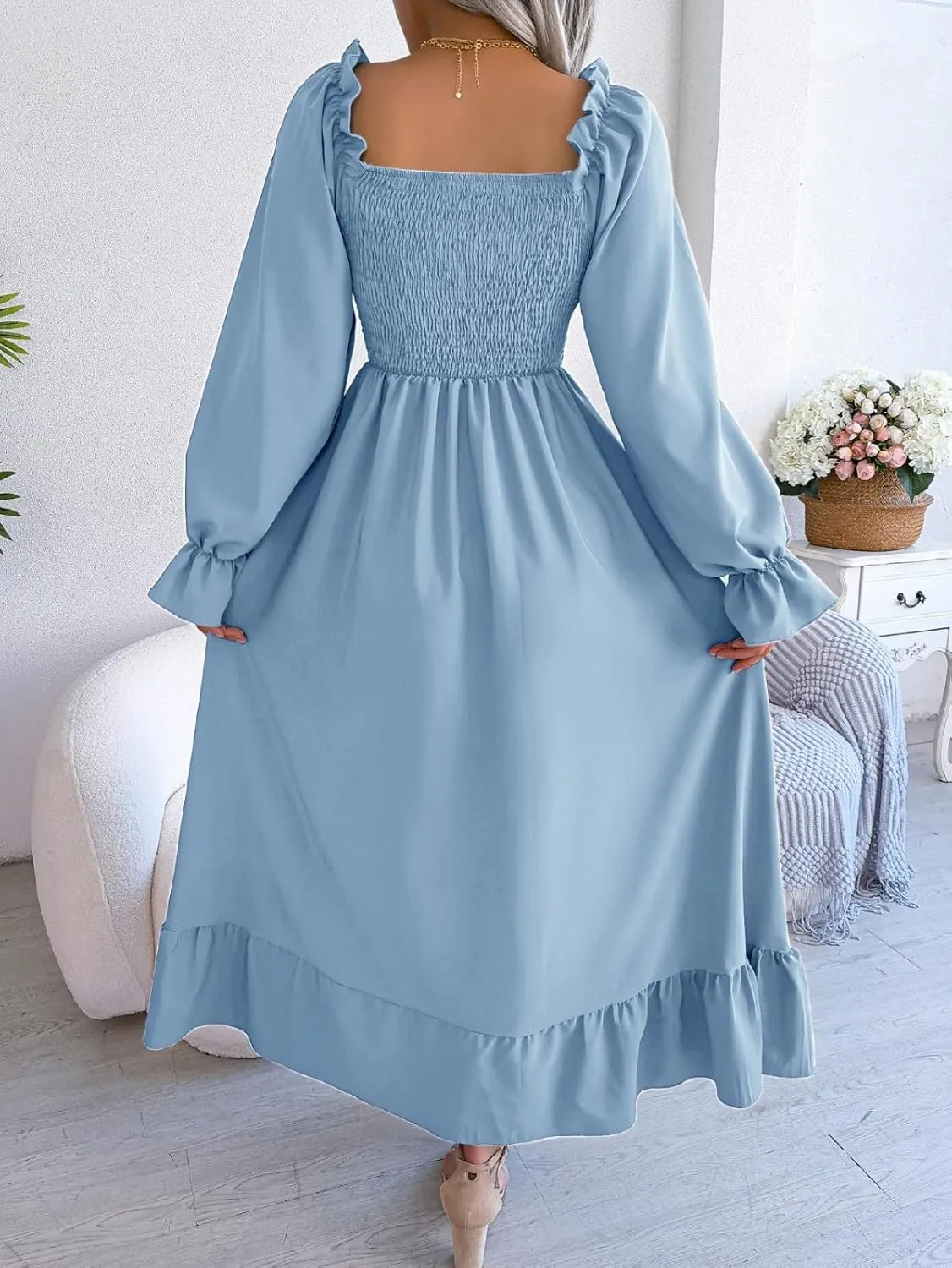Women's 2025 Casual Long Sleeve Smocked Dress V Neck High Waist Ruffle Tiered Midi Dresses Women's