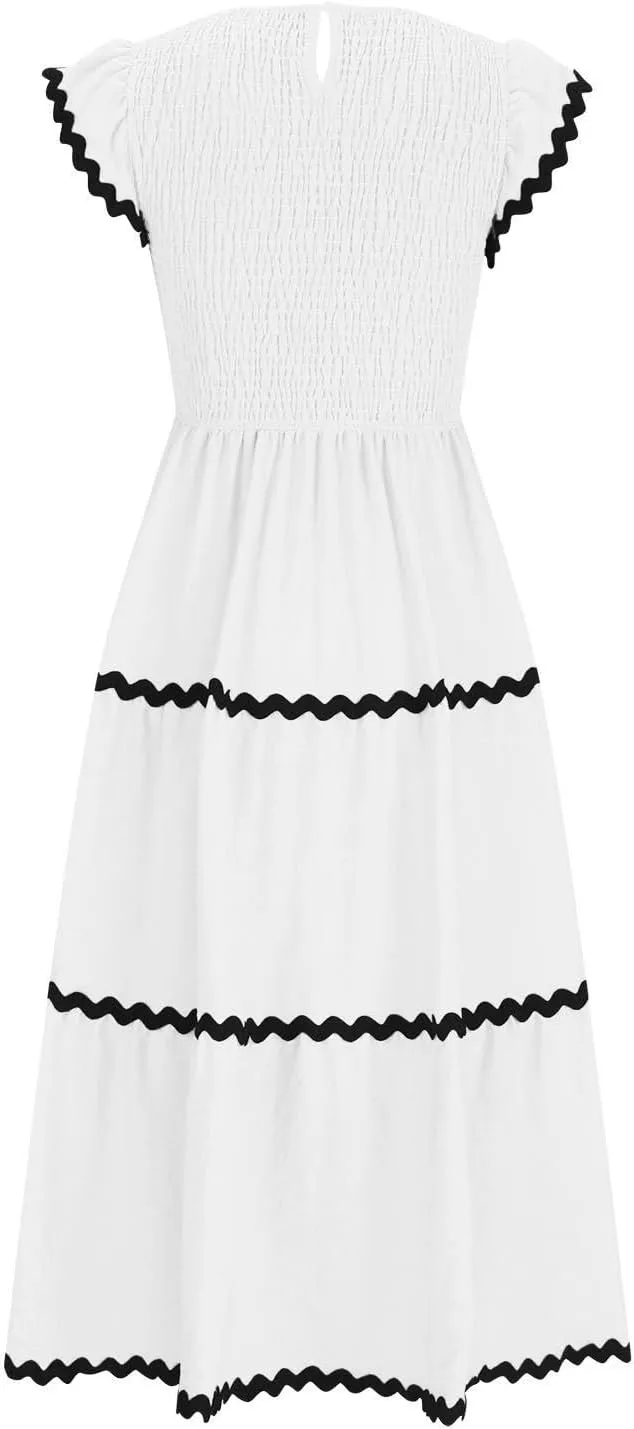 Women's 2025 Smocked Midi Dress | A-Line High Waist Sundress, Flowy Ruffled Sleeveless Beach Dress for Casual Vacation