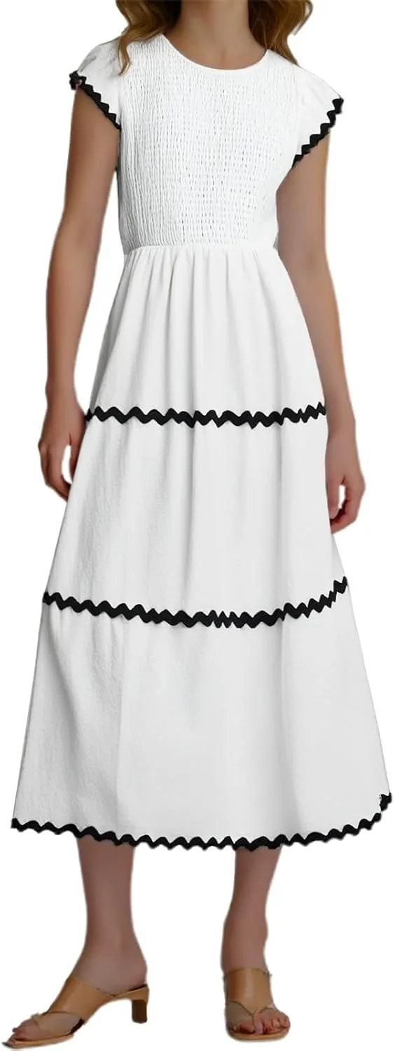 Women's 2025 Smocked Midi Dress | A-Line High Waist Sundress, Flowy Ruffled Sleeveless Beach Dress for Casual Vacation