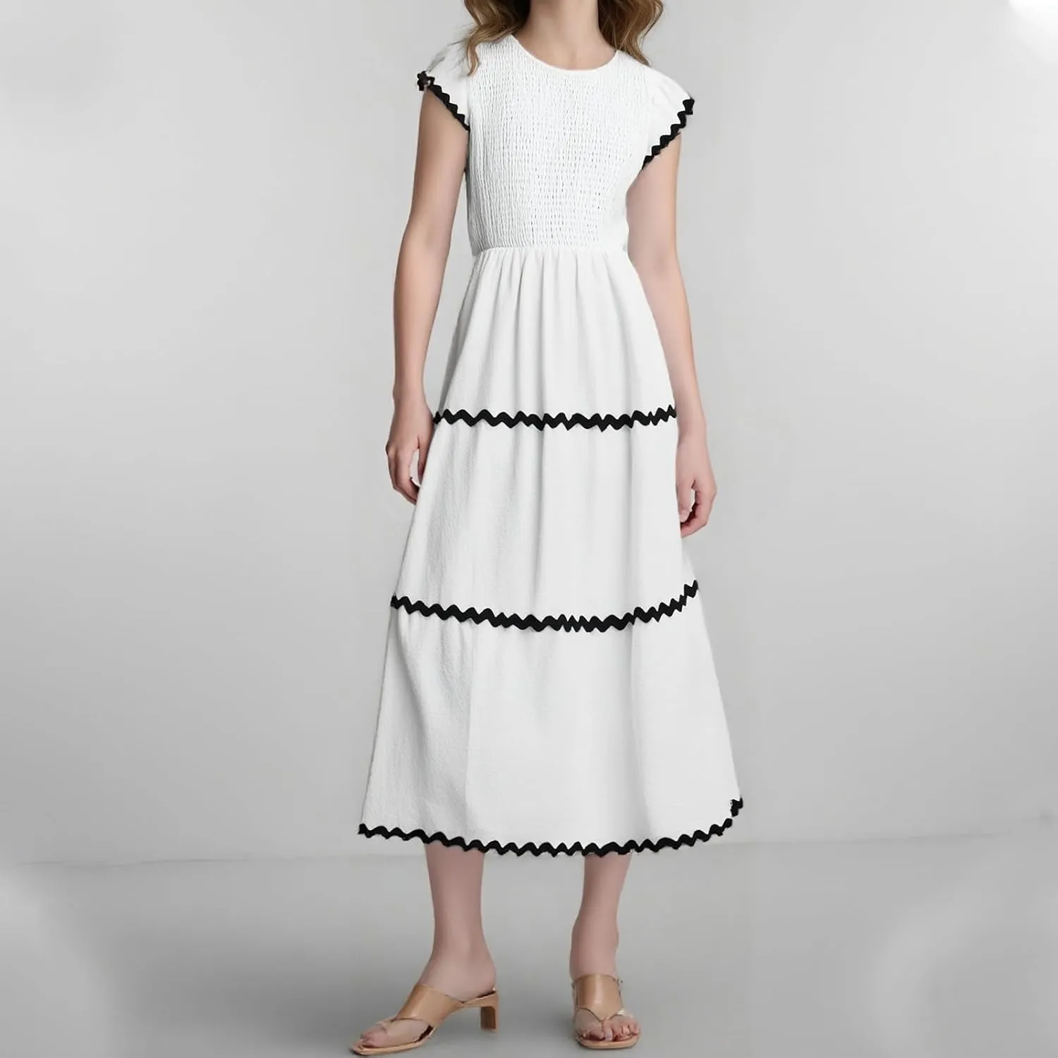 Women's 2025 Smocked Midi Dress | A-Line High Waist Sundress, Flowy Ruffled Sleeveless Beach Dress for Casual Vacation