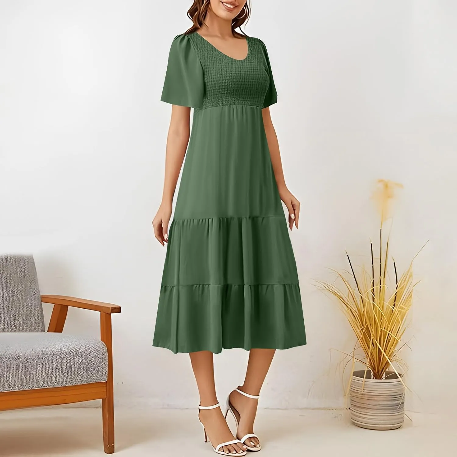 Women's 2025 Summer Elegant Flowy Loose Midi Dress Short Sleeve Round Neck Smocked Tiered Boho Beach Vacation Dresses