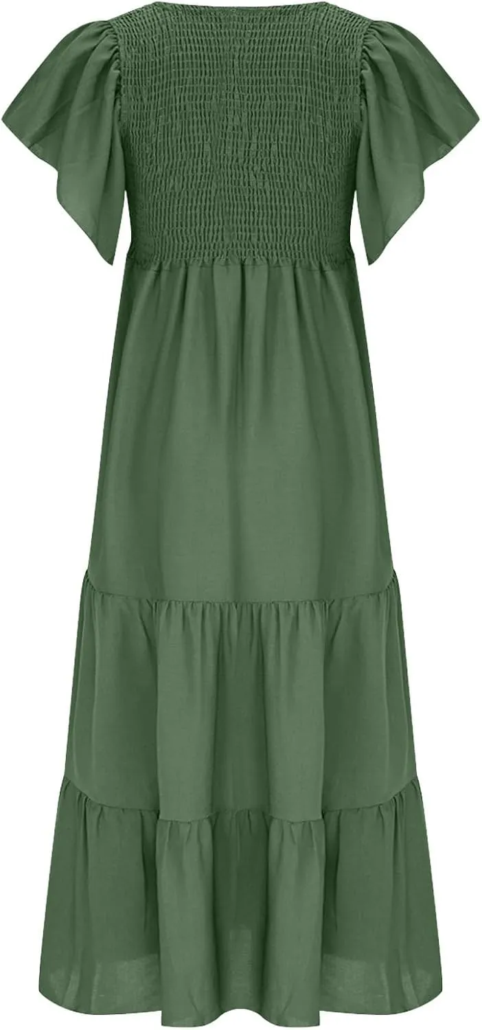 Women's 2025 Summer Elegant Flowy Loose Midi Dress Short Sleeve Round Neck Smocked Tiered Boho Beach Vacation Dresses