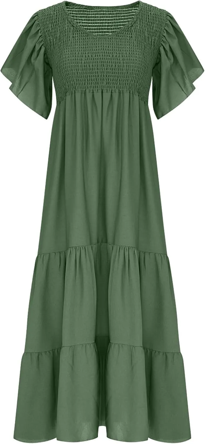 Women's 2025 Summer Elegant Flowy Loose Midi Dress Short Sleeve Round Neck Smocked Tiered Boho Beach Vacation Dresses