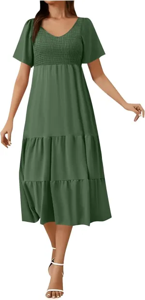 Women's 2025 Summer Elegant Flowy Loose Midi Dress Short Sleeve Round Neck Smocked Tiered Boho Beach Vacation Dresses