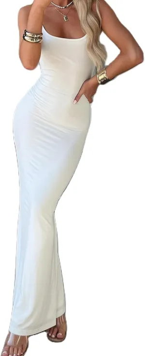 Women's 2025 Summer Maxi Dress Spaghetti Strap Slip Bodycon Dress Scoop Neck Cocktail Party Long Dresses