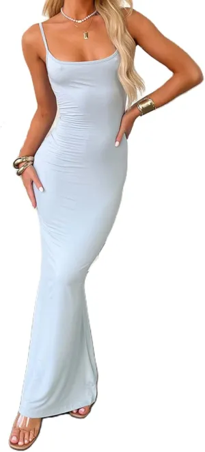 Women's 2025 Summer Maxi Dress Spaghetti Strap Slip Bodycon Dress Scoop Neck Cocktail Party Long Dresses