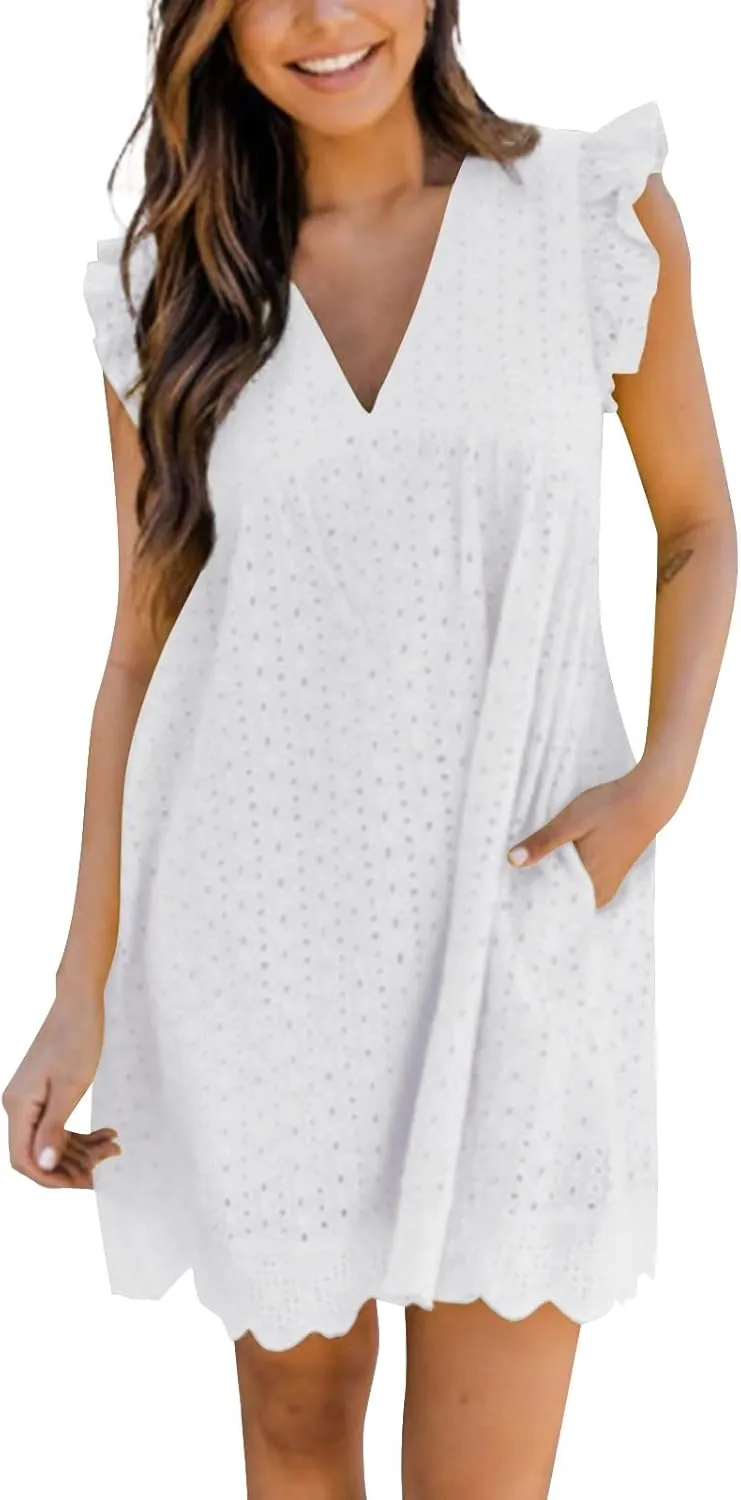 Women's 2025 Summer Short Sleeve Mini Dress Casual V Neck Hollow Out Eyelet Ruffle Swing A Line Sundress