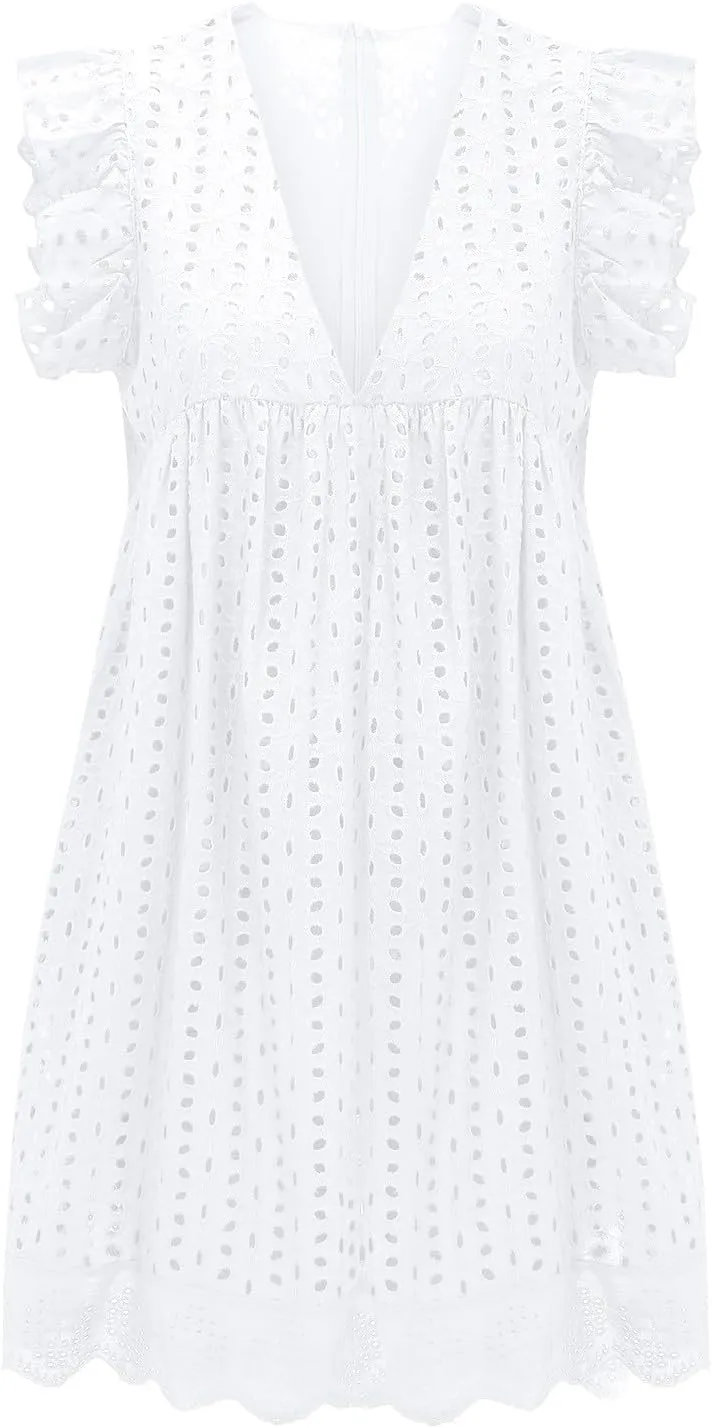 Women's 2025 Summer Short Sleeve Mini Dress Casual V Neck Hollow Out Eyelet Ruffle Swing A Line Sundress