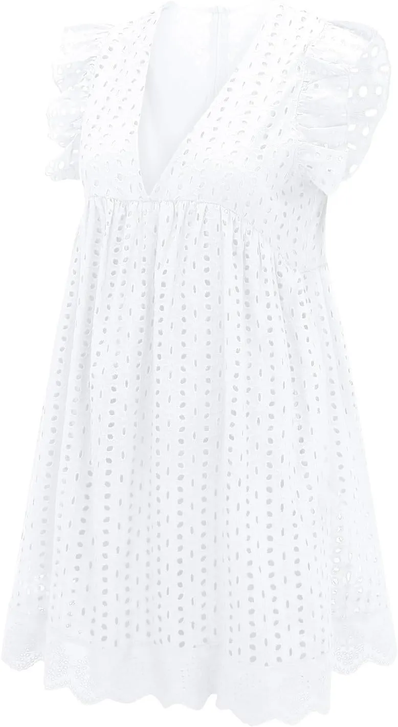 Women's 2025 Summer Short Sleeve Mini Dress Casual V Neck Hollow Out Eyelet Ruffle Swing A Line Sundress