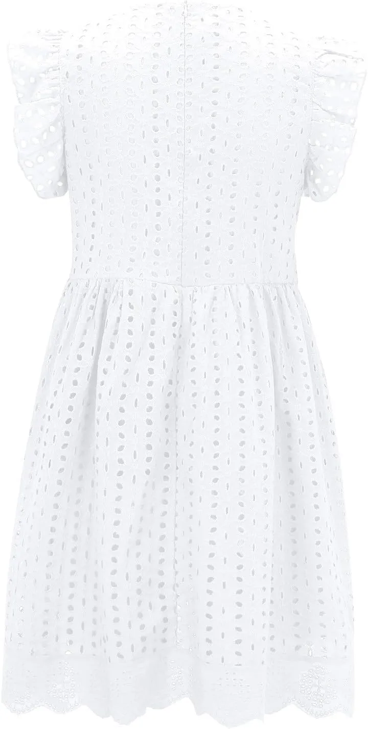 Women's 2025 Summer Short Sleeve Mini Dress Casual V Neck Hollow Out Eyelet Ruffle Swing A Line Sundress