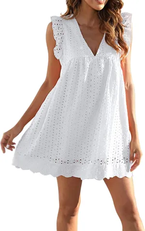 Women's 2025 Summer Short Sleeve Mini Dress Casual V Neck Hollow Out Eyelet Ruffle Swing A Line Sundress