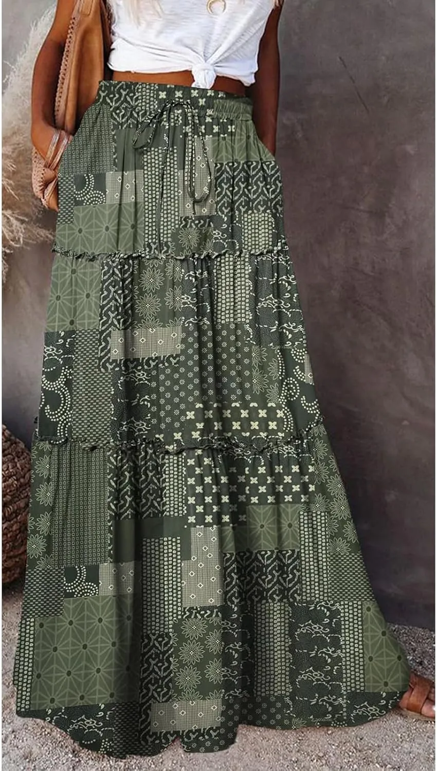 Women's 2025 Summer Skirt High Waist Flowy A Line Boho Skirt Maxi Skirt with Pockets