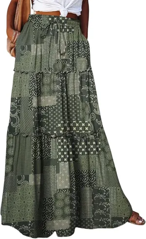 Women's 2025 Summer Skirt High Waist Flowy A Line Boho Skirt Maxi Skirt with Pockets