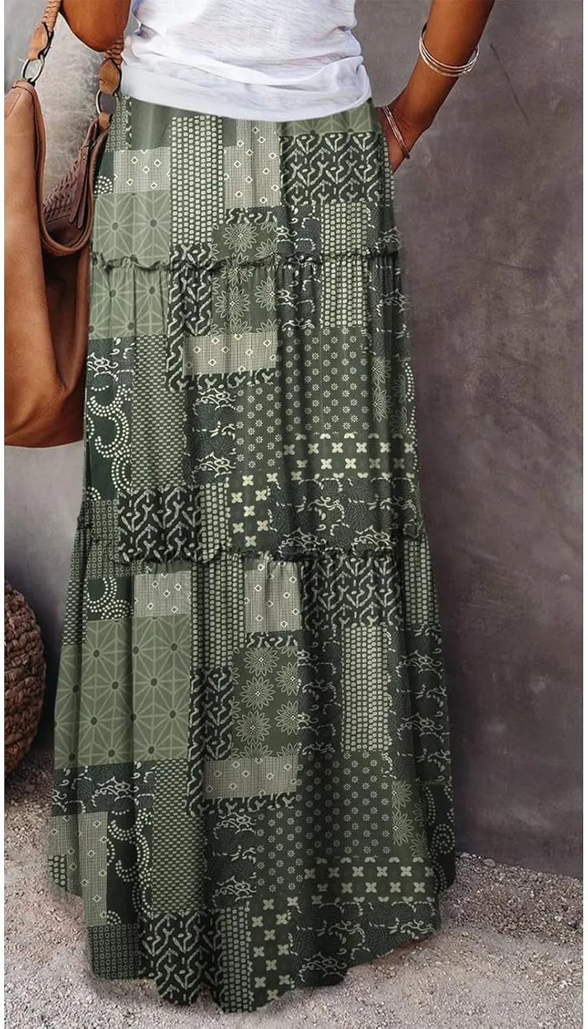 Women's 2025 Summer Skirt High Waist Flowy A Line Boho Skirt Maxi Skirt with Pockets