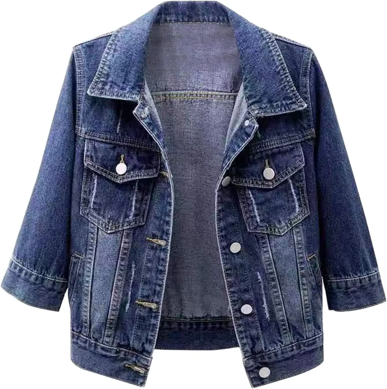 Womens 3/4 Sleeve Short Denim Jacket Lapel Button Down Cropped Casual Jean Jackets Trendy Lightweight Retro Coats