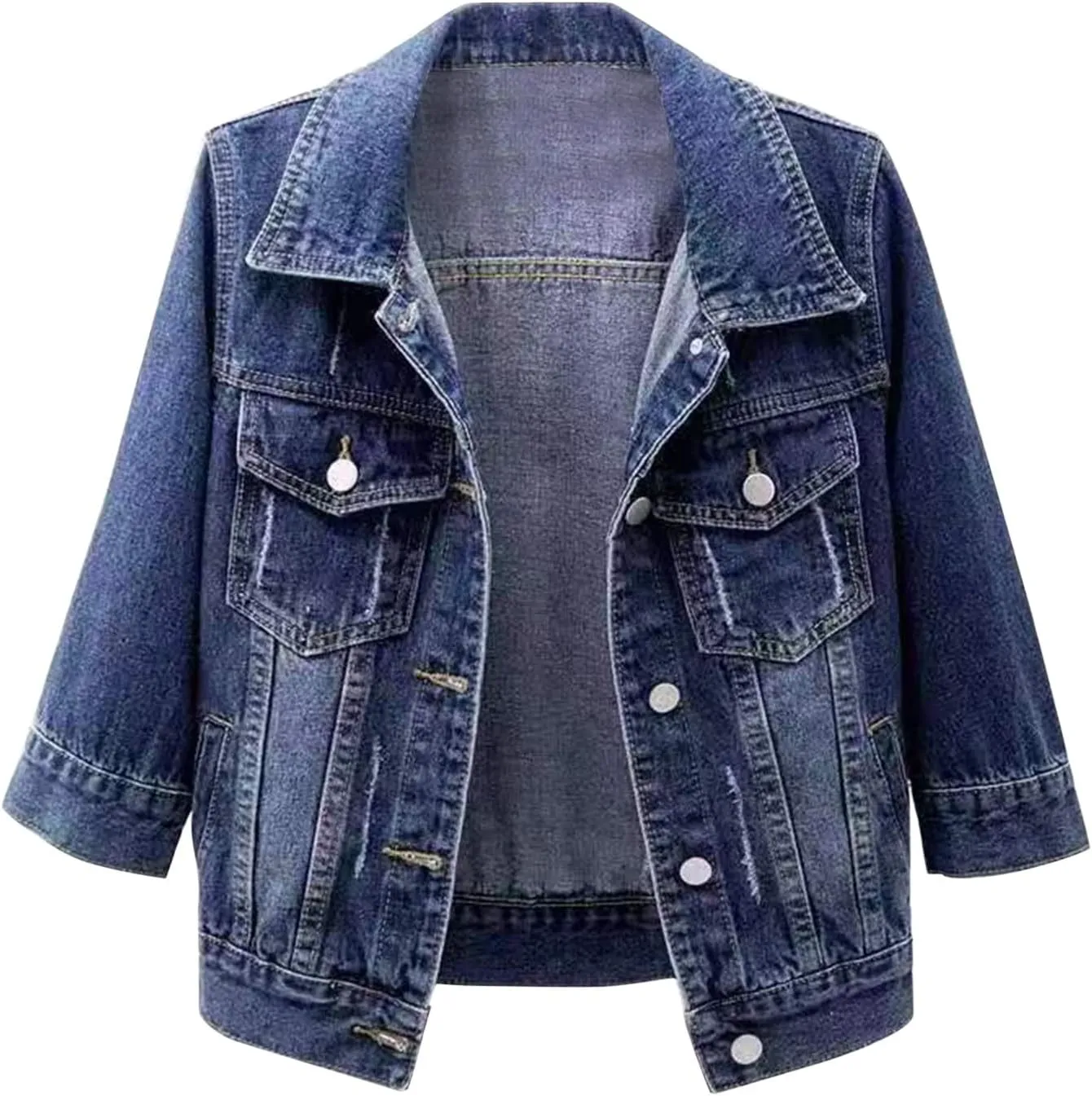 Womens 3/4 Sleeve Short Denim Jacket Lapel Button Down Cropped Casual Jean Jackets Trendy Lightweight Retro Coats
