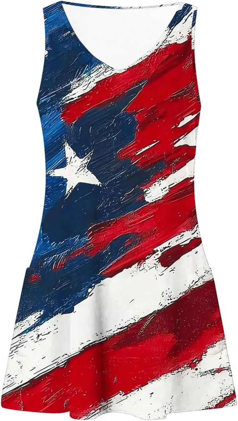 Womens 4th of July Sundress Sleeveless V Neck Patriotic Tank Dress Casual Loose Flowy Mini Short Dress
