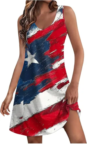 Womens 4th of July Sundress Sleeveless V Neck Patriotic Tank Dress Casual Loose Flowy Mini Short Dress