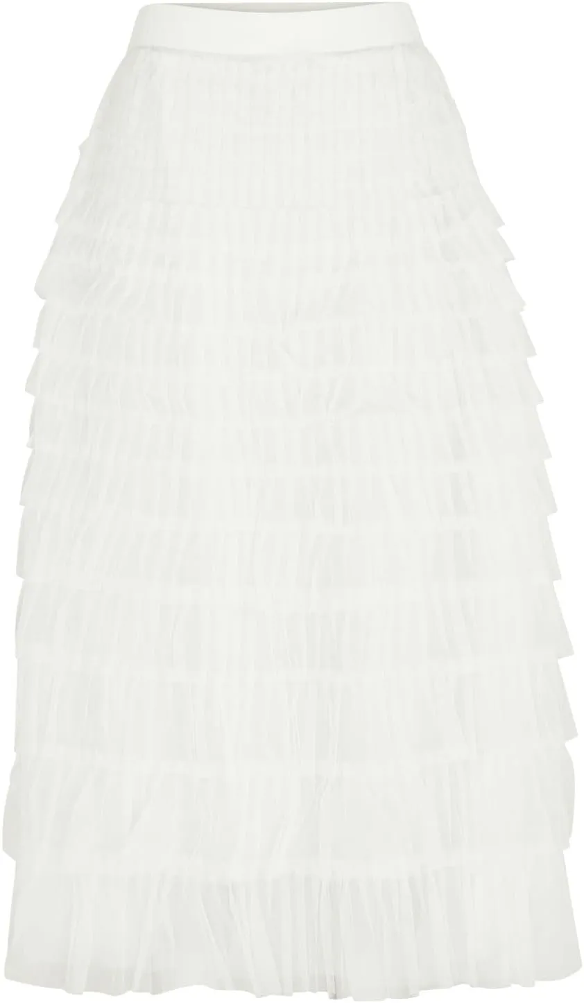 Women's A Line Pleated Skirt Casual Fashion Ruffle Mesh Vintage Chiffon High Waist Flowy Floor Length Bubble Skirts