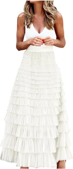 Women's A Line Pleated Skirt Casual Fashion Ruffle Mesh Vintage Chiffon High Waist Flowy Floor Length Bubble Skirts