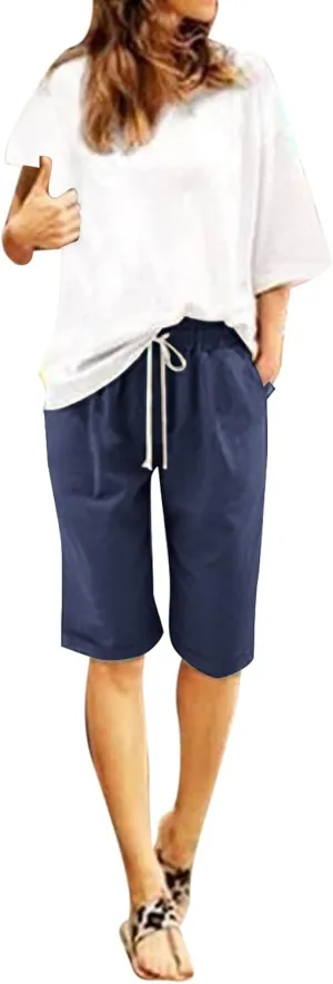 Womens Bermuda Shorts for Summer Dressy Long Cotton Casual Summer Knee Length Pull On Lounge Walking Exercise Shorts