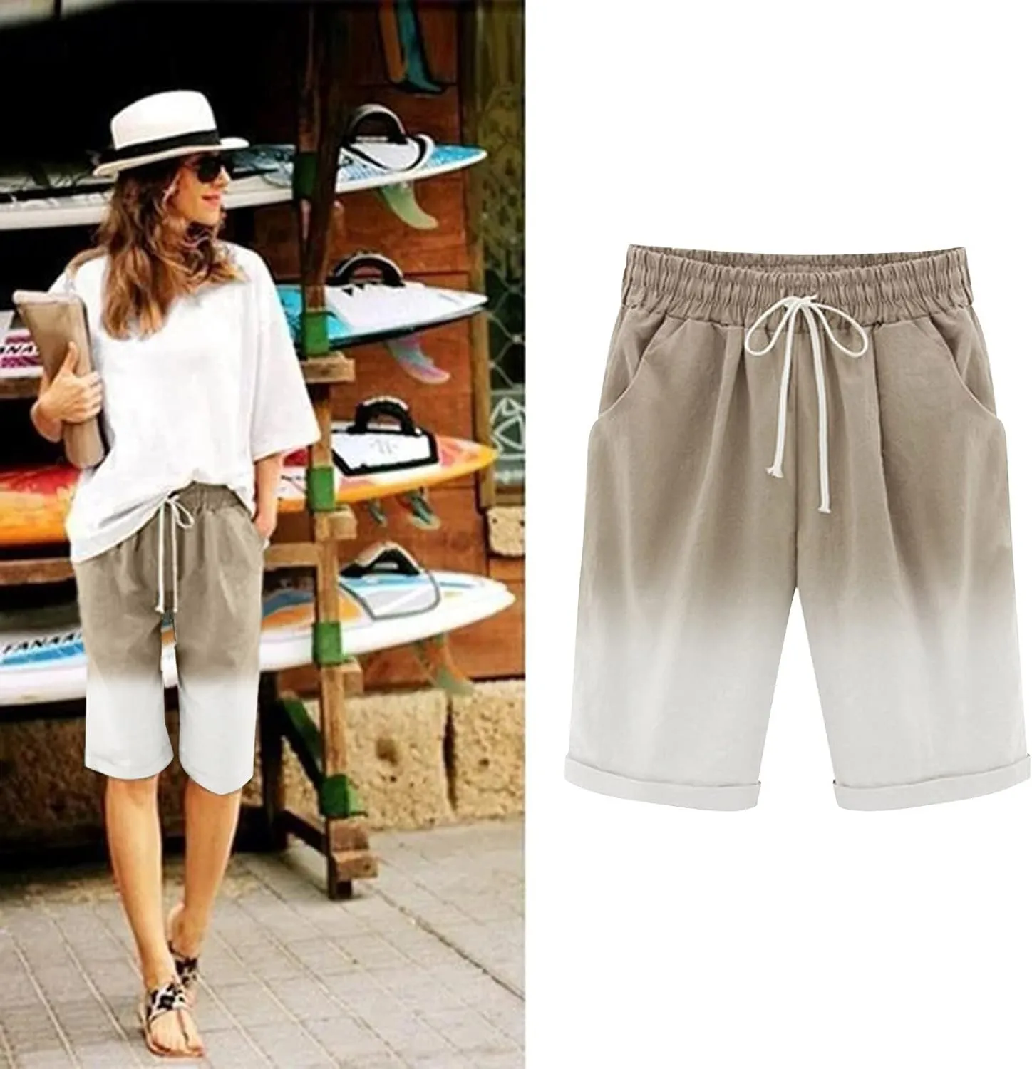 Womens Bermuda Shorts for Summer Dressy Long Cotton Casual Summer Knee Length Pull On Lounge Walking Exercise Shorts
