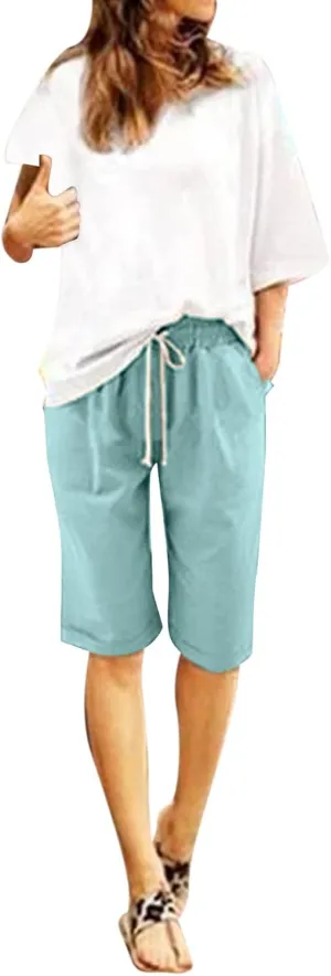 Womens Bermuda Shorts for Summer Dressy Long Cotton Casual Summer Knee Length Pull On Lounge Walking Exercise Shorts
