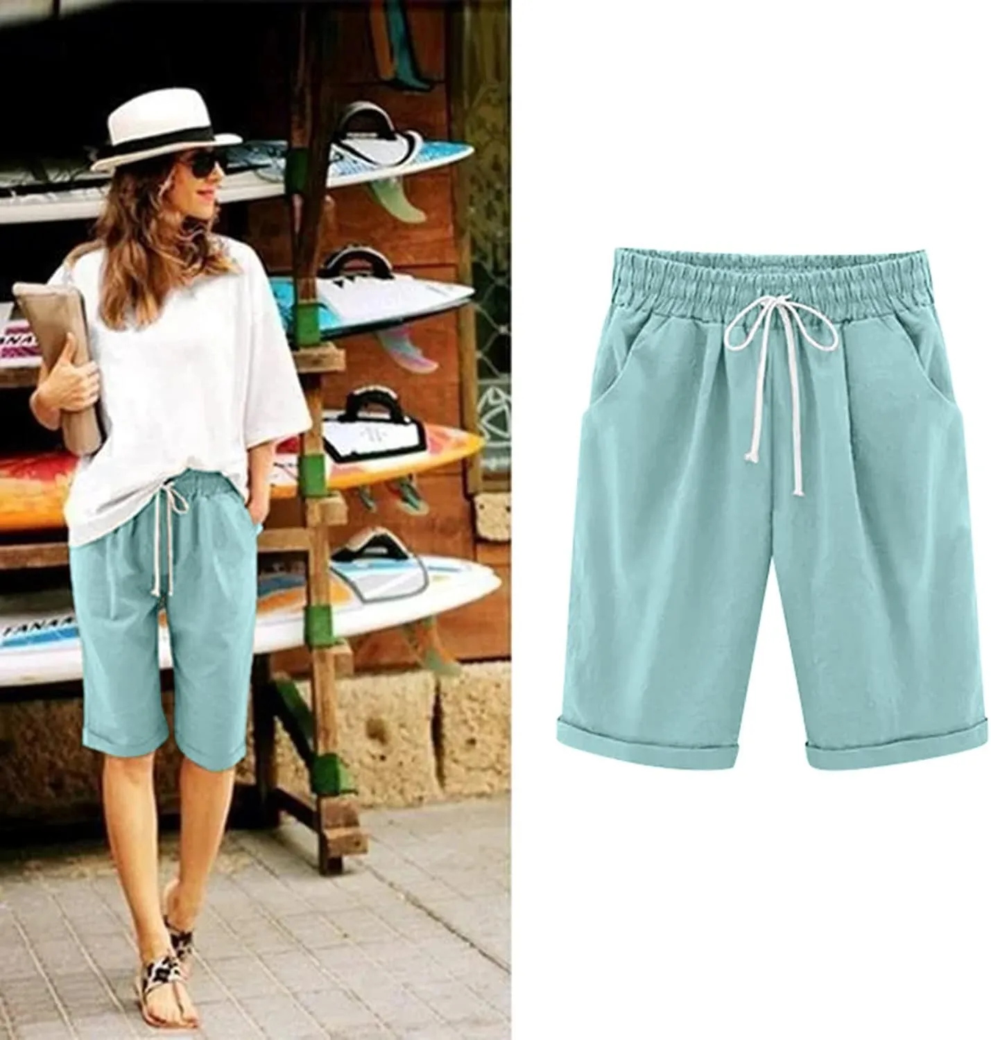 Womens Bermuda Shorts for Summer Dressy Long Cotton Casual Summer Knee Length Pull On Lounge Walking Exercise Shorts