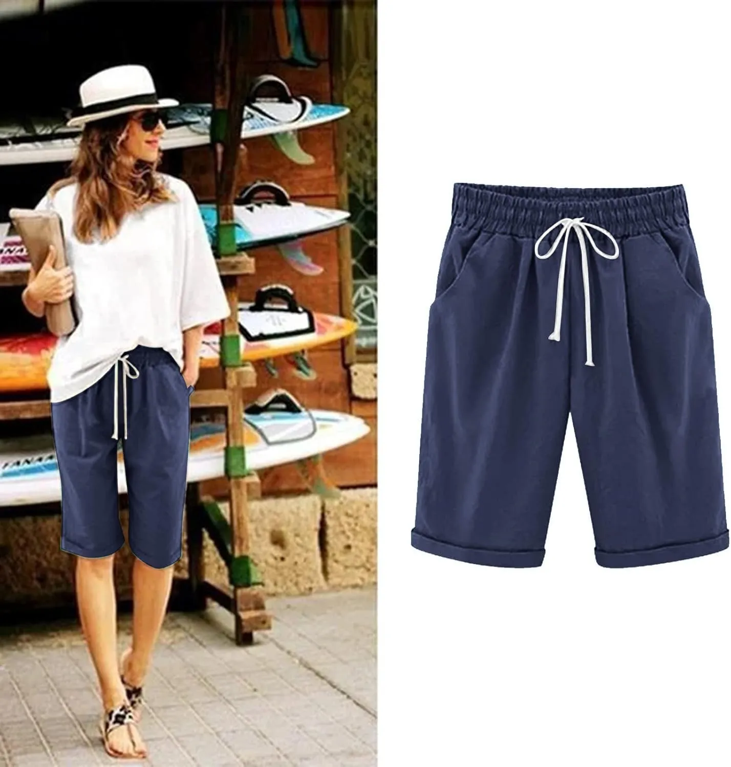Womens Bermuda Shorts for Summer Dressy Long Cotton Casual Summer Knee Length Pull On Lounge Walking Exercise Shorts
