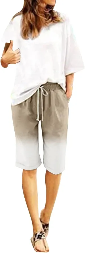Womens Bermuda Shorts for Summer Dressy Long Cotton Casual Summer Knee Length Pull On Lounge Walking Exercise Shorts