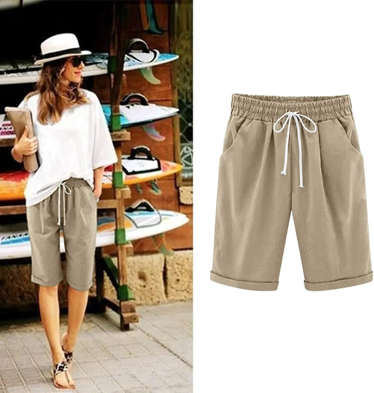 Womens Bermuda Shorts for Summer Dressy Long Cotton Casual Summer Knee Length Pull On Lounge Walking Exercise Shorts