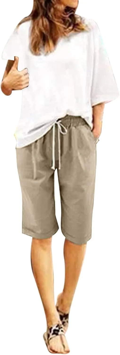 Womens Bermuda Shorts for Summer Dressy Long Cotton Casual Summer Knee Length Pull On Lounge Walking Exercise Shorts