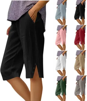 Womens Bermuda Shorts Knee Length Dressy Causal Elastic Waist Buttons Linen Shorts with Pockets Summer Beach Outfits