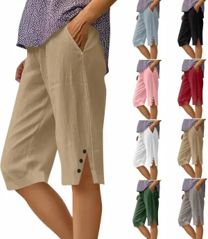 Womens Bermuda Shorts Knee Length Dressy Causal Elastic Waist Buttons Linen Shorts with Pockets Summer Beach Outfits