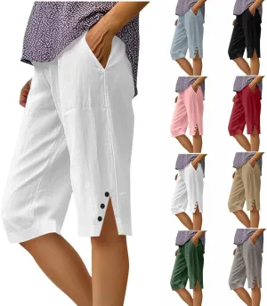 Womens Bermuda Shorts Knee Length Dressy Causal Elastic Waist Buttons Linen Shorts with Pockets Summer Beach Outfits