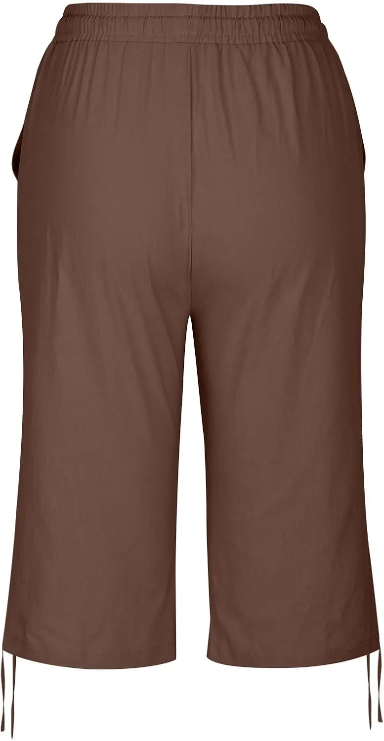 Women's Bermuda Shorts Long Comfy Drawstring Shorts Knee Length Walking Shorts for Women with Deep Pockets