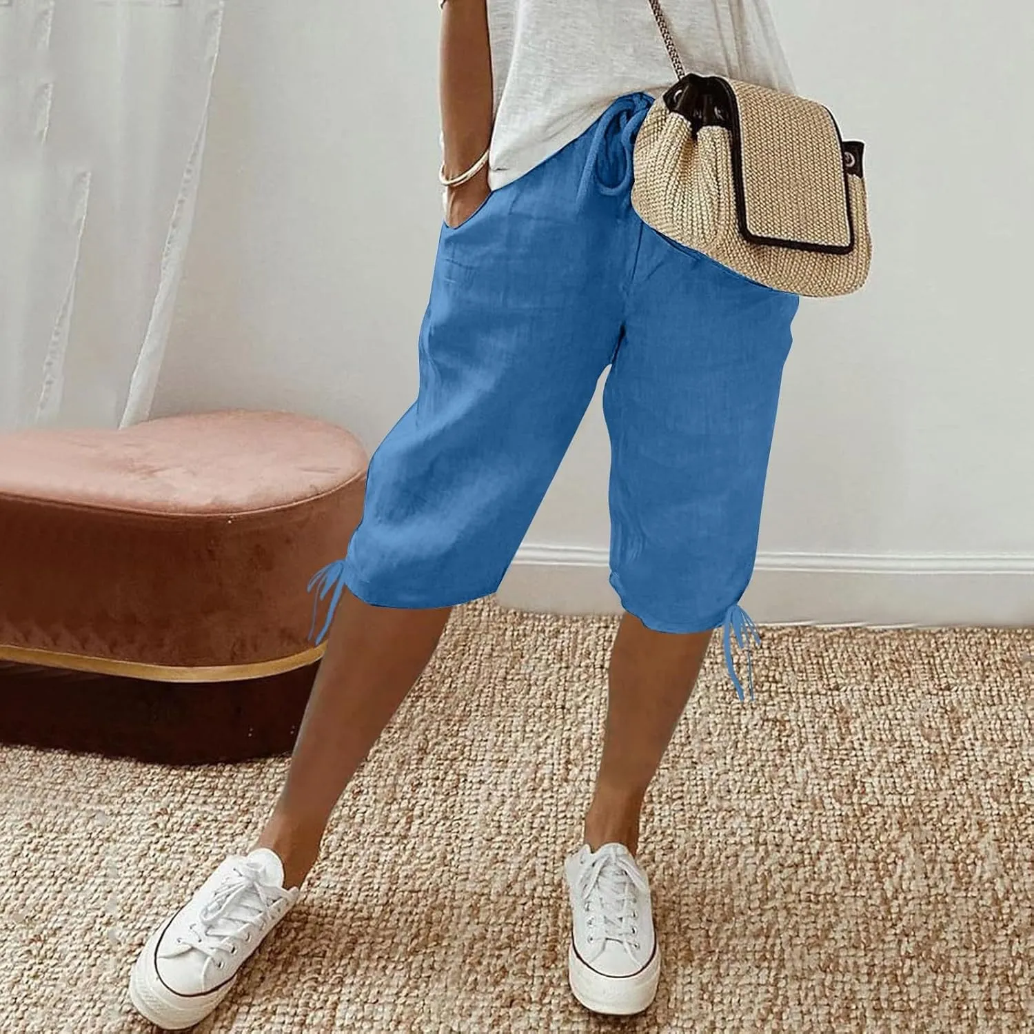 Women's Bermuda Shorts Long Comfy Drawstring Shorts Knee Length Walking Shorts for Women with Deep Pockets