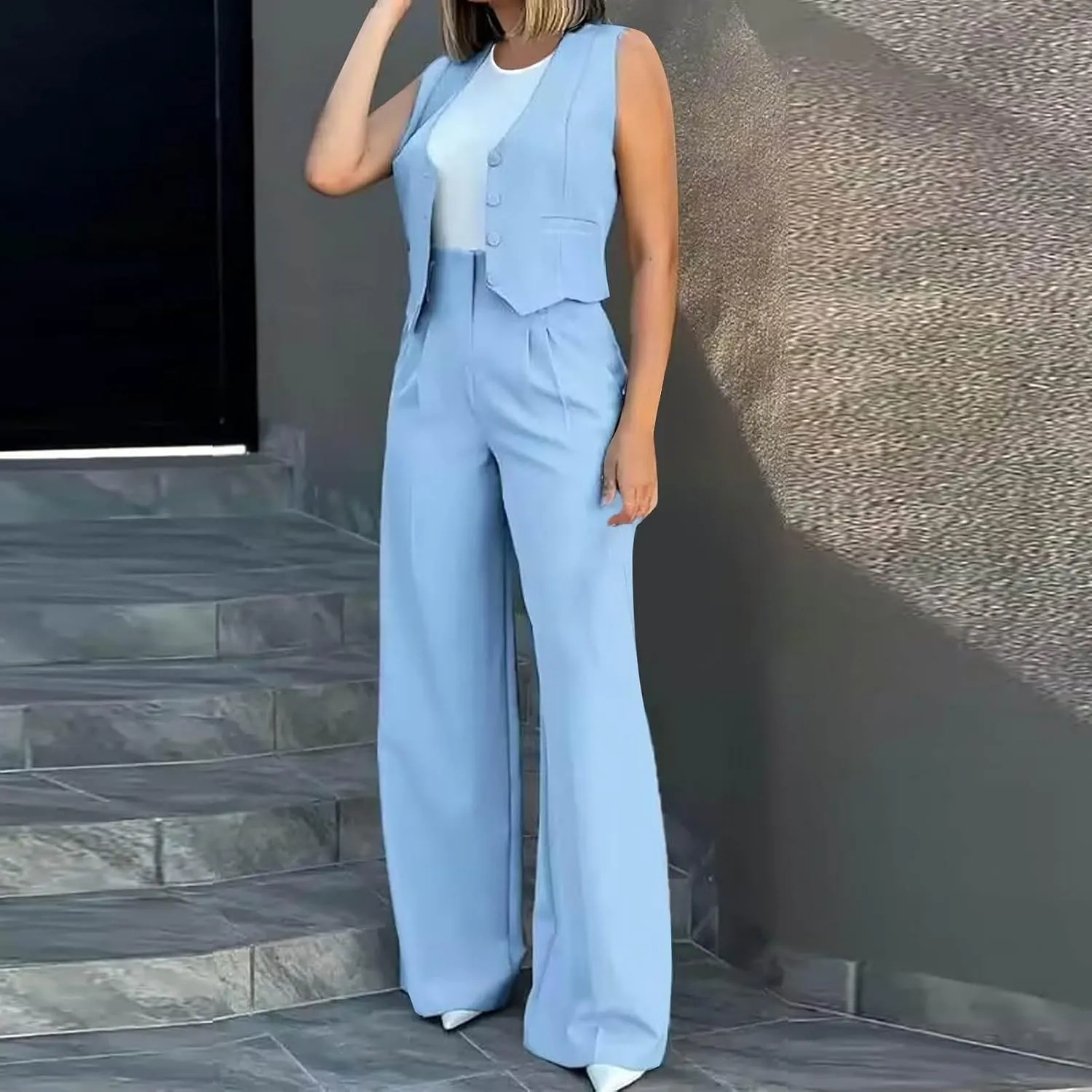 Womens Blazer Vest 2 Piece Sets Business Suit Outfits Button Front Waistcoat Jacket and High Waist Wide Leg Pants