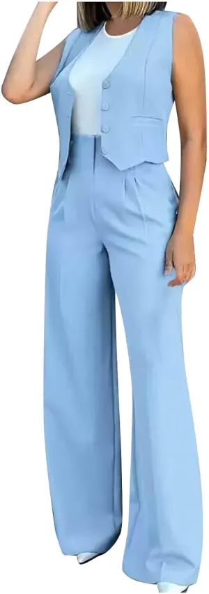 Womens Blazer Vest 2 Piece Sets Business Suit Outfits Button Front Waistcoat Jacket and High Waist Wide Leg Pants